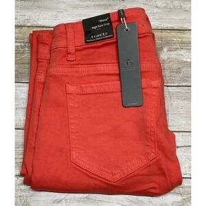 Tractr Mona High Rise Crop Coral Red‎ Raw Hem Garment Dyed Jeans Size 2/26